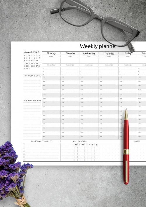 August 2022 Horizontal Weekly Timetable Planner Template