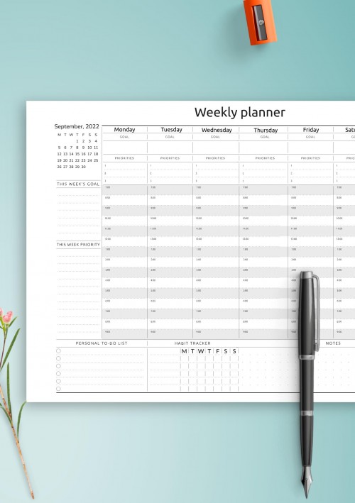 September 2022 Horizontal Weekly Timetable Planner Template