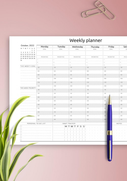 October 2022 Horizontal Weekly Timetable Planner Template