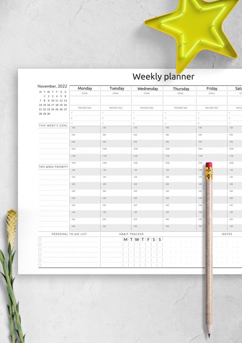 November 2022 Horizontal Weekly Timetable Planner Template