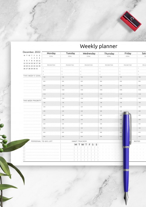 December 2022 Horizontal Weekly Timetable Planner Template