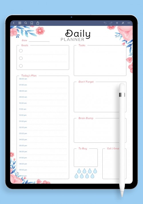 Hourly Planner Template with Daily Tasks, Goals for iPad