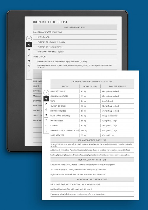 Iron-Rich Foods List template for Kindle Scribe