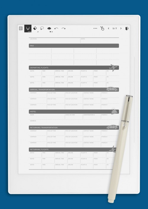 Itinerary Editable Template for Supernote