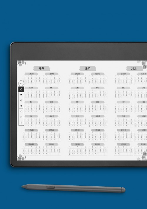Amazon Kindle 3-year Calendar Template - Floral Style - Landscape View
