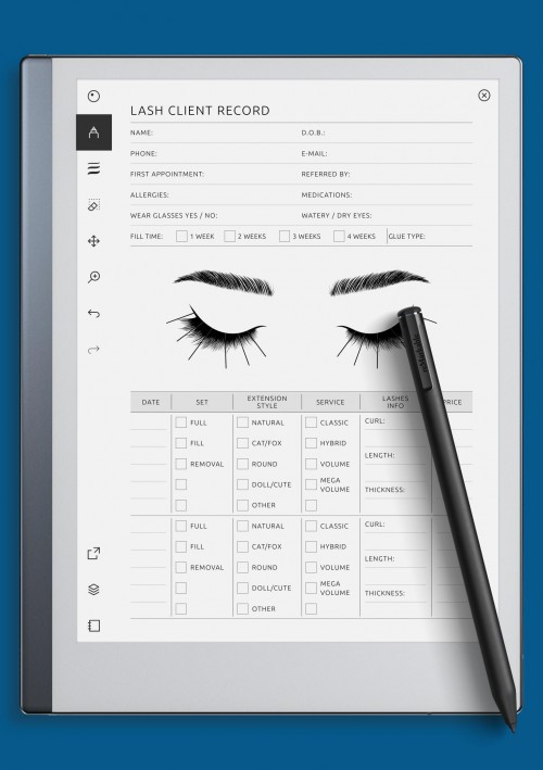reMarkable Lash Client Record Template