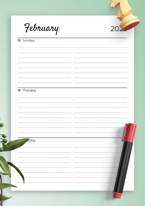 February 2023 Lined weekly planner with calendar