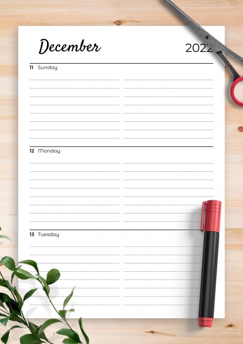 December 2022 Lined weekly planner with calendar