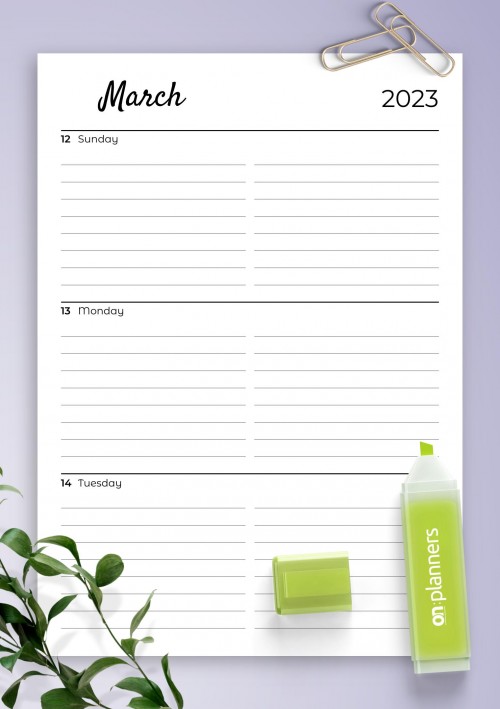 March 2023 Lined weekly planner with calendar