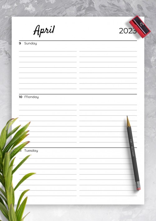 April 2023 Lined weekly planner with calendar