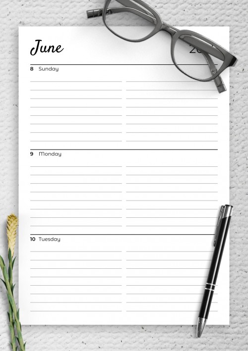 June 2023 Lined weekly planner with calendar