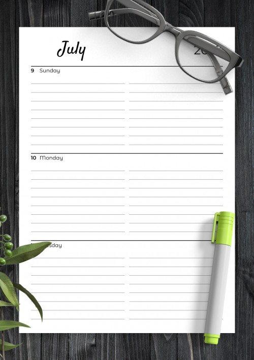 July 2023 Lined weekly planner with calendar 