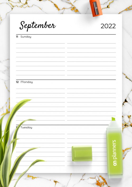 September 2022 Lined weekly planner with calendar