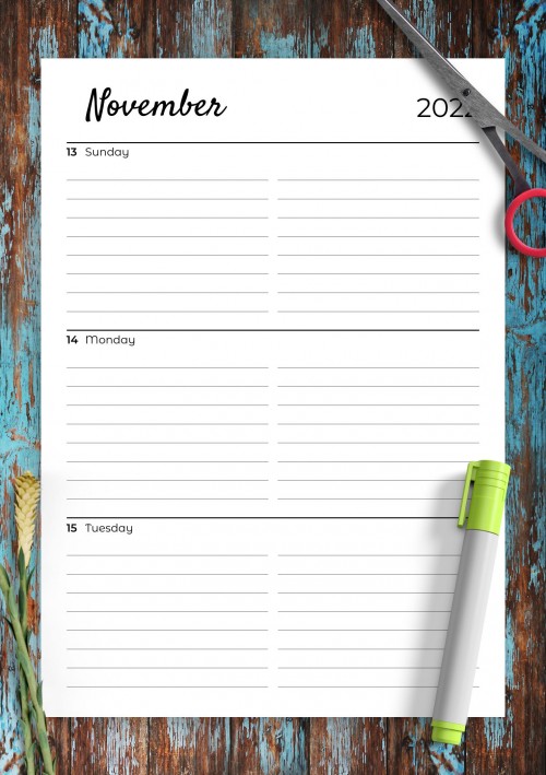 November 2022 Lined weekly planner with calendar