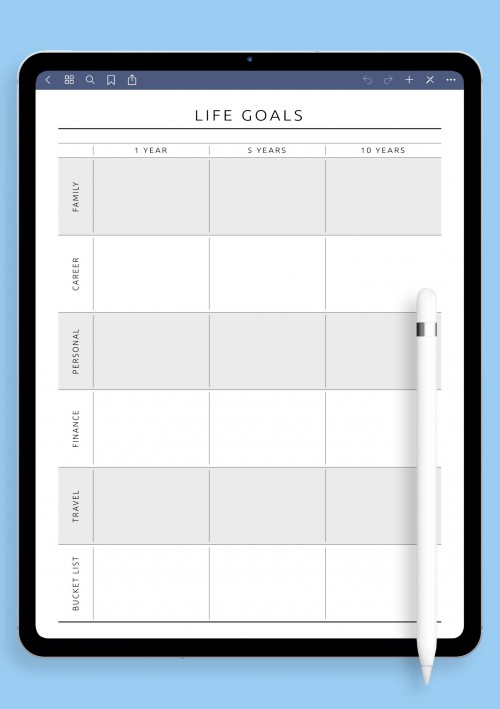 Long-Term Yearly Life Goals Simple Template for iPad & Android