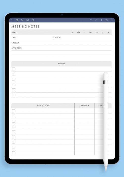 iPad Meeting Notes Template with Agenda and Action Items