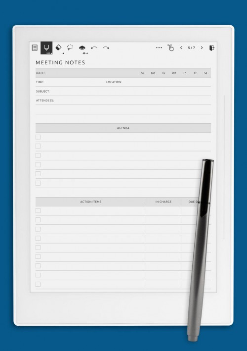 Meeting Notes with Agenda and Action Items Template for Supernote