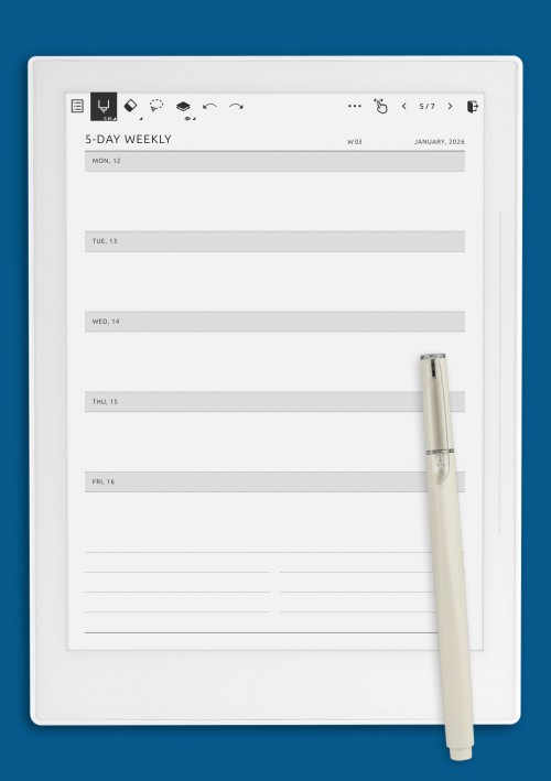 Minimal 5-Day Weekly Layout template for Supernote
