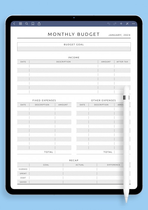 Minimal Monthly Budget Tracker Template for iPad