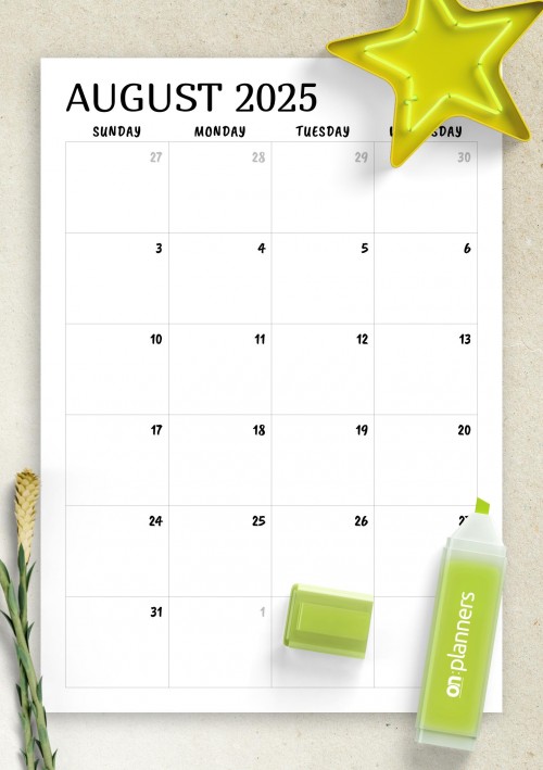Minimal August 2025 Calendar