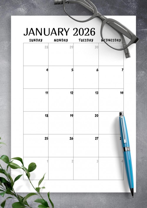 January 2026 Minimal monthly calendar