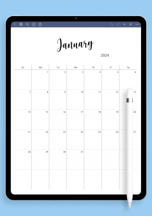 Minimalist Monthly Calendar Template for iPad