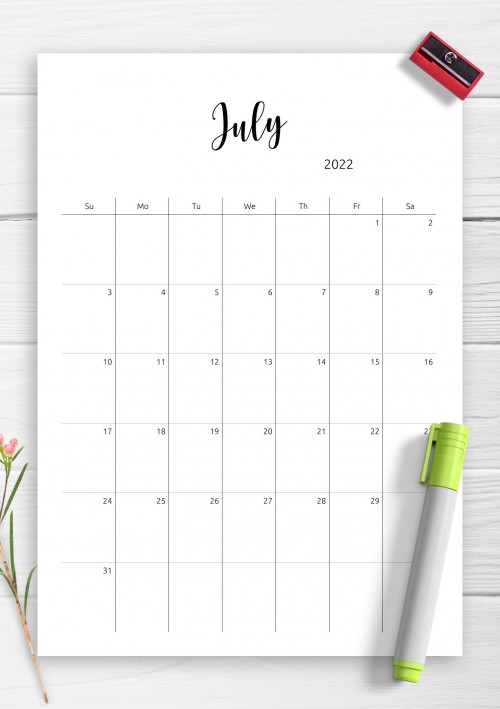 July 2022 Minimalist Monthly Calendar