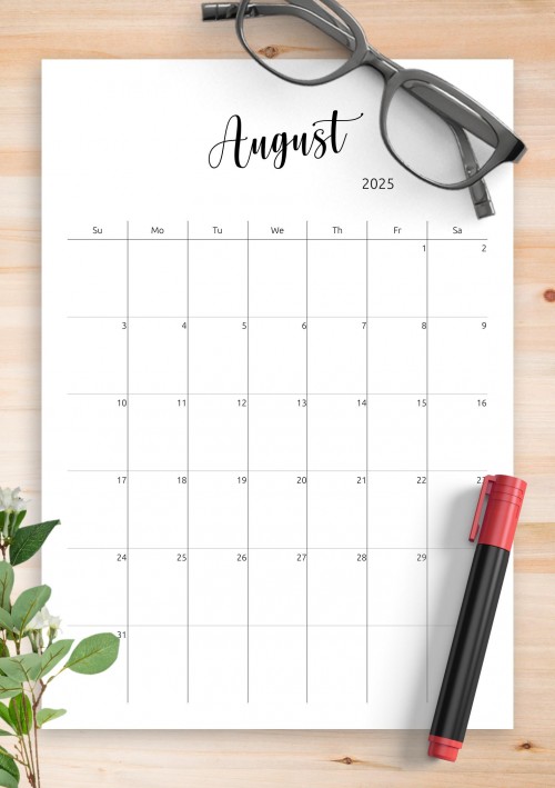 August 2025 Minimalist Monthly Calendar