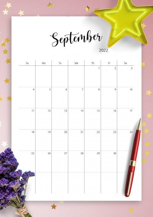September 2022 Minimalist Monthly Calendar
