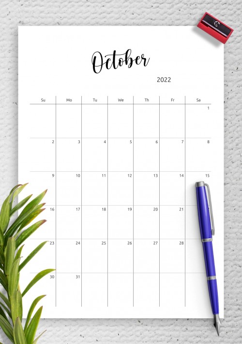 October 2022 Minimalist Monthly Calendar