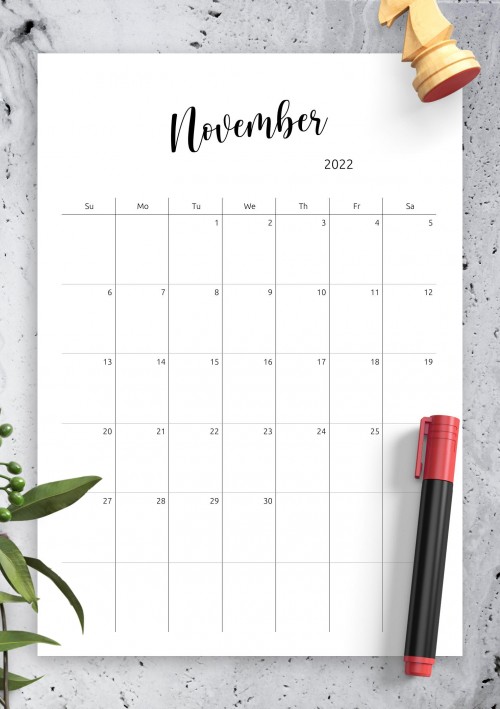 November 2022 Minimalist Monthly Calendar