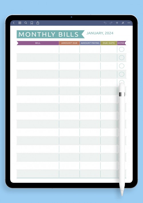 Monthly Bills - Casual Style Template for GoodNotes