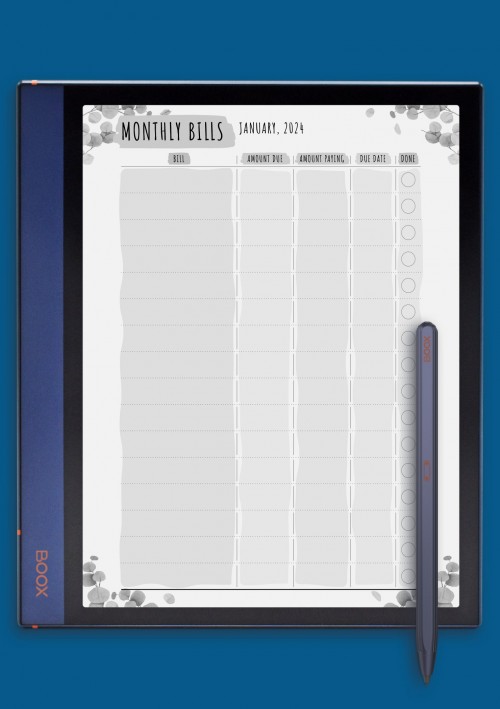 Monthly Bills - Floral Style Template for BOOX Note