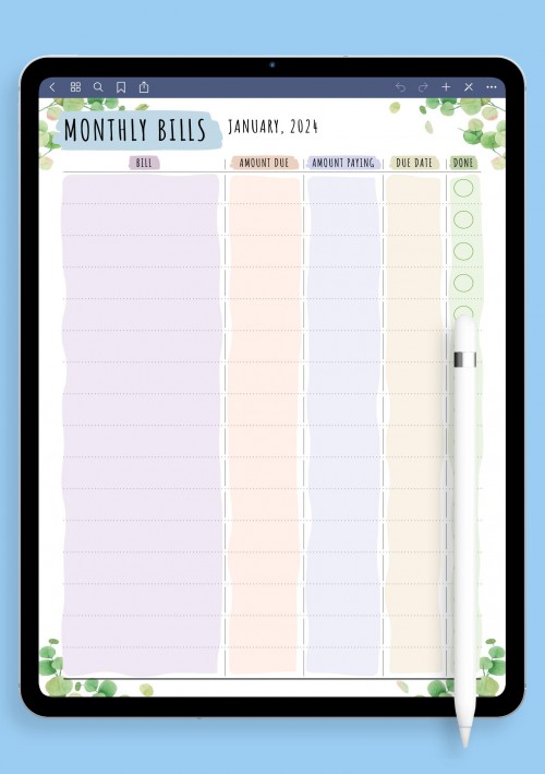 Notability Monthly Bills - Floral Style Template