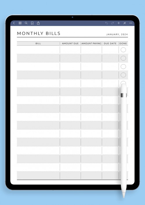 Monthly Bills - Original Style Template for Notability