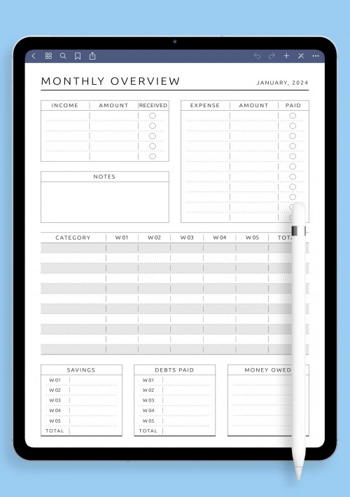 Monthly Budget Overview Template for GoodNotes
