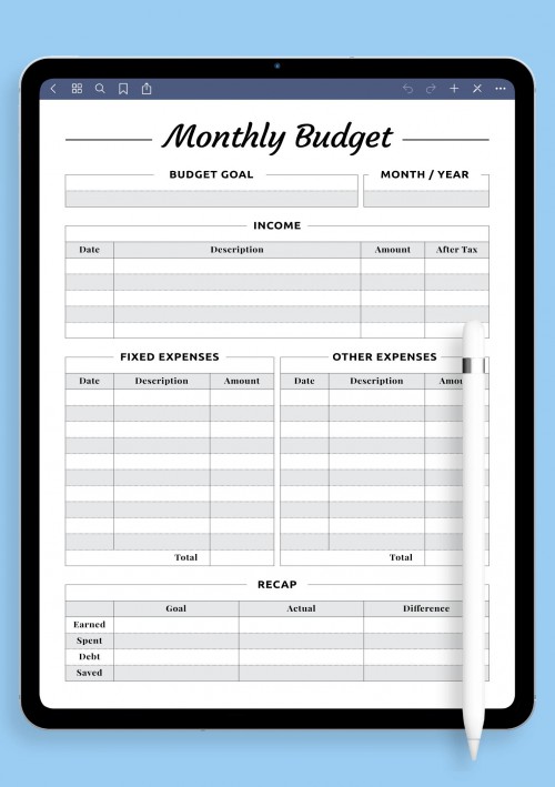 Monthly budget with Recap section template for Notability