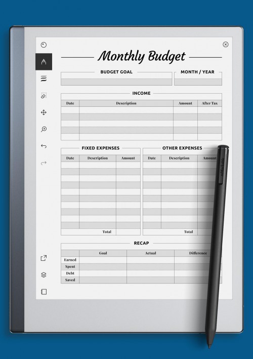 reMarkable Monthly Budget with Recap Section Template
