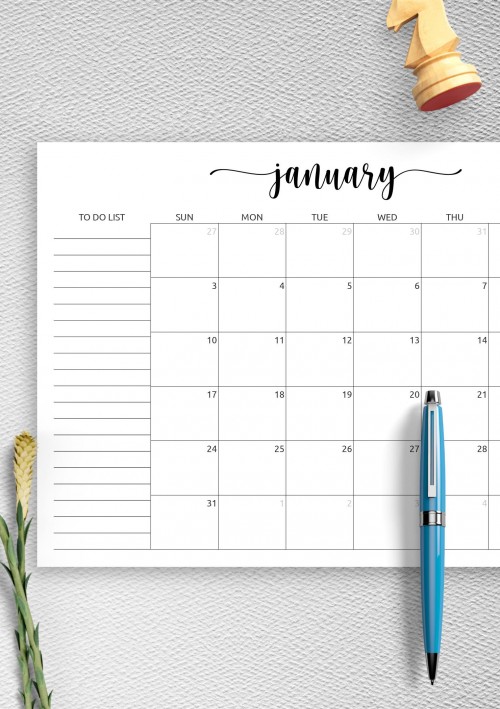 January Calendar with To-Do List