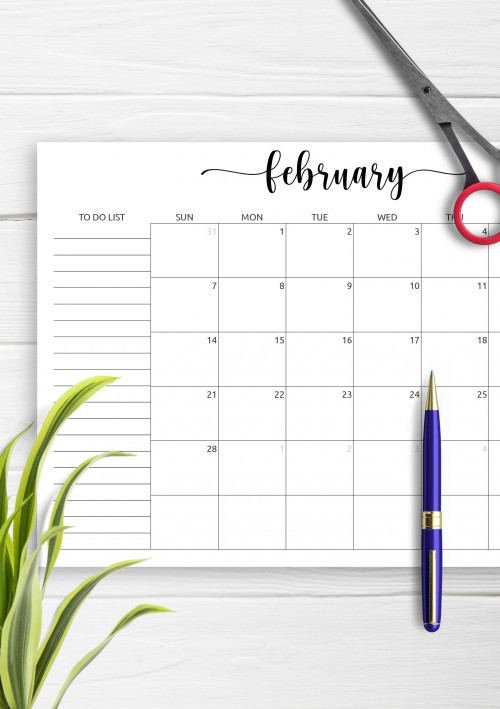 February Calendar with To-Do List