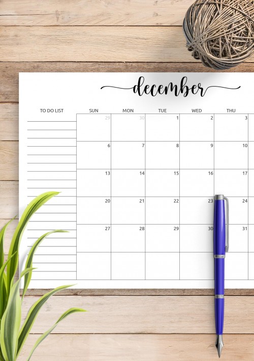 December Calendar with To-Do List