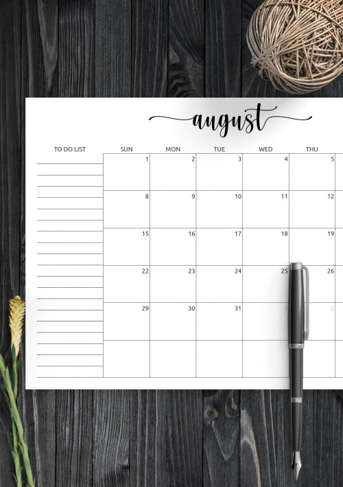 August Calendar with To-Do List