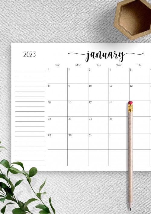 Monthly Calendar January 2023 with Notes Section