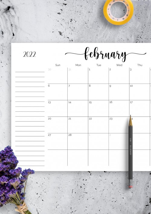 February 2022 Calendar with Notes Section