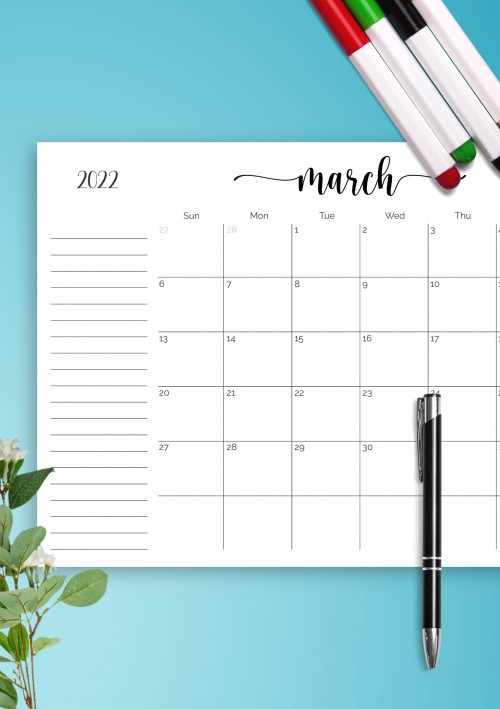 March 2022 Calendar with Notes Section