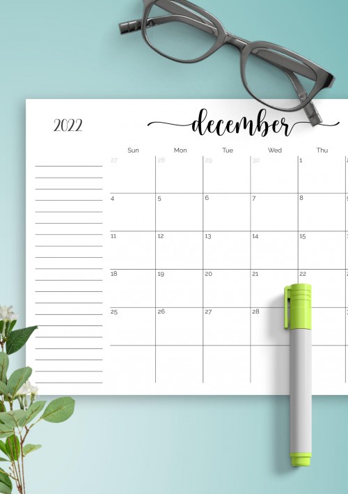 December 2022 Calendar with Notes Section
