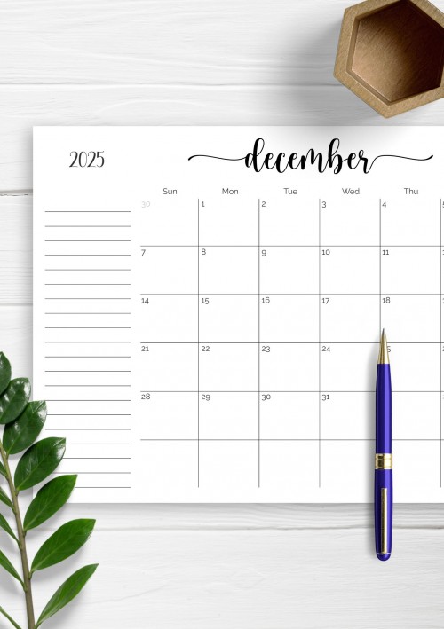 Monthly Calendar December 2025 with Notes Section