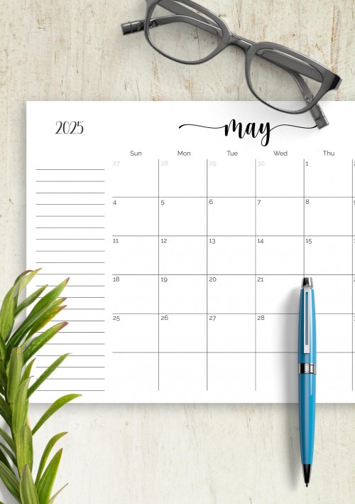 Monthly Calendar May 2025 with Notes Section
