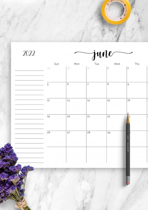 June 2022 Calendar with Notes Section