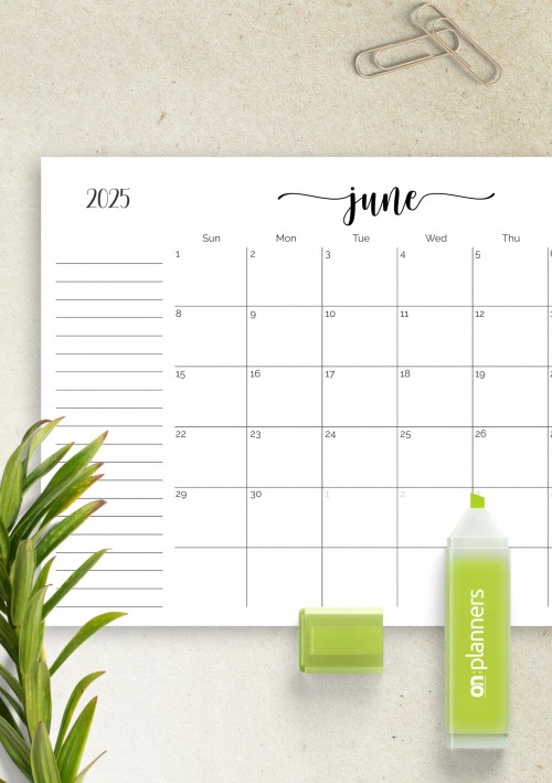 Monthly Calendar June 2025 with Notes Section